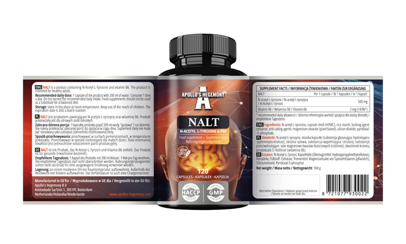 N-Acetyl-L-Tyrosine (NALT) 500mg and Active Vitamin B6 (P-5-P) 2mg - 120 Capsules - 4 Months Supply - High Strength Amino Acid Supplement - Cognitive Booster - by Apollo's Hegemony