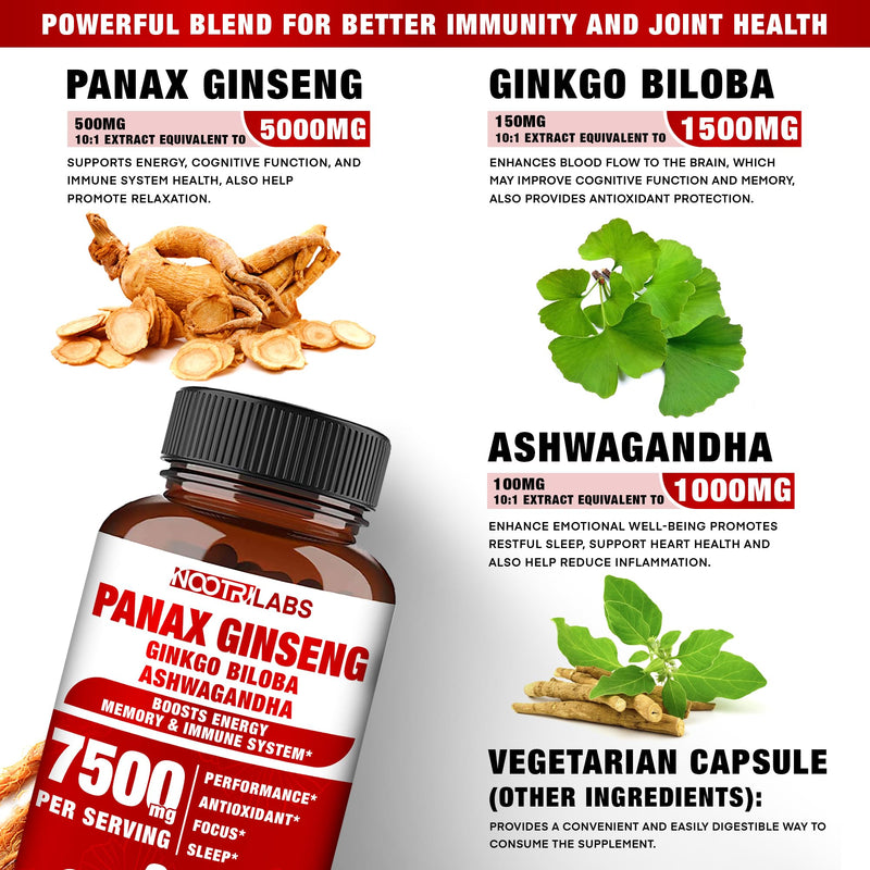 [Australia] - Korean Red Panax Ginseng 7500mg Highest Potency with Ginkgo Biloba and Ashwagandha, Boost Energy, Memory, and Immune System - Focus Supplement Pills for Men and Women, 90 Vegan Capsules 