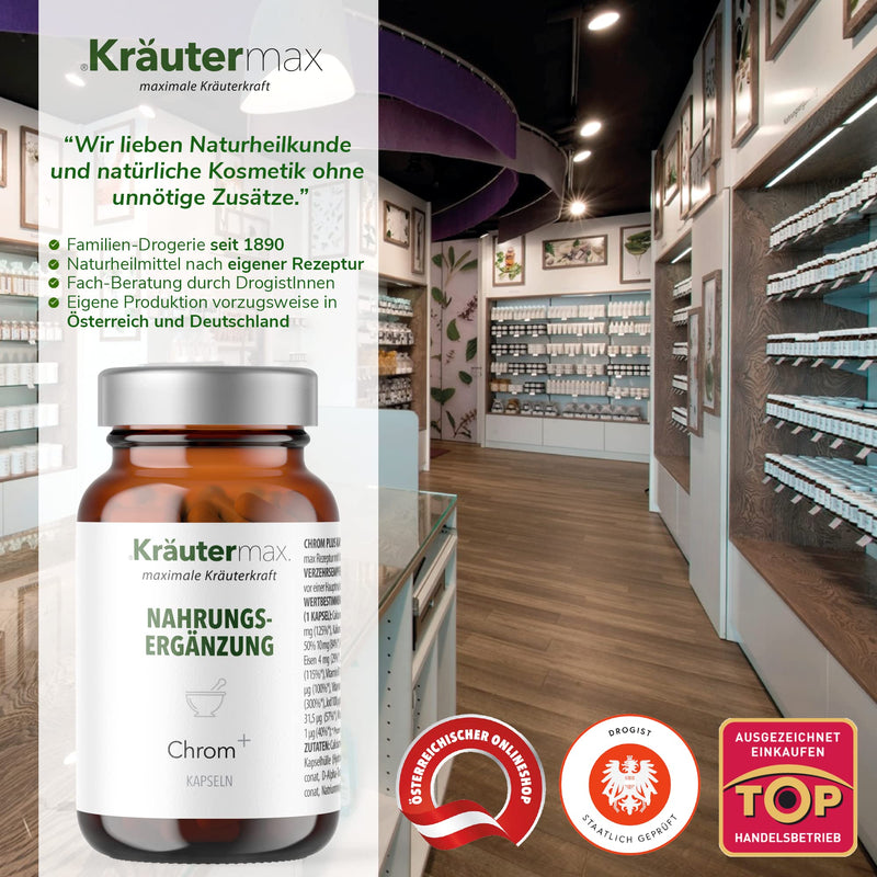 [Australia] - NEW! High-dose chromium capsules | Chromium tablets with zinc, selenium and manganese according to Kräutermax original recipe | Vegan - for maintaining normal blood sugar levels | 1 x 60 pieces 
