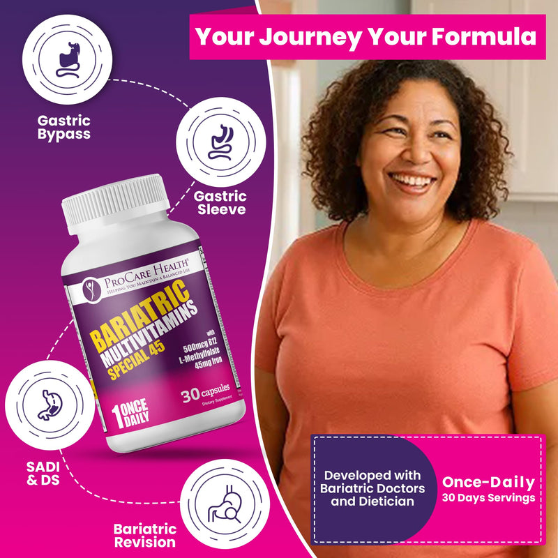 Special-45 Bariatric Multivitamin | Reduced B12 | Capsule | 30ct | Post-Op Bariatric Vitamins for Gastric Bypass and Sleeve Patients, Sustains Recovery & Energy* (1 Month Supply) - Made in USA 30 Count (Pack of 1)
