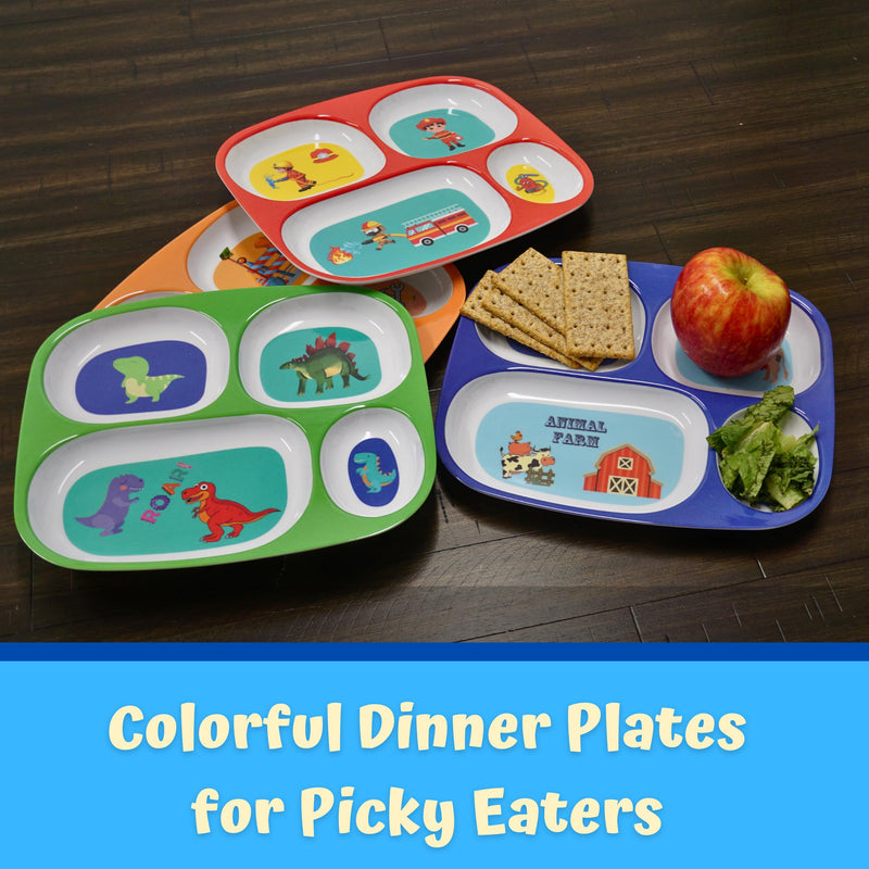 [Australia] - 4E's Novelty 4 Melamine Dinner Plate for Kids Boys, Plastic Mealtime Divided Plates, Dinnerware Dishes Set For Picky Eaters, BPA Free, Construction, Dinosaur, Firefighter, Farm Animal Boys Theme 
