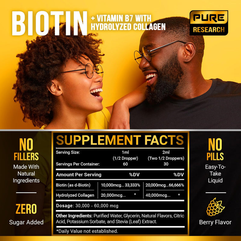 [Australia] - PURE RESEARCH Liquid Biotin & Collagen Hair Growth Drops 60,000mcg - Biotin and Liquid Collagen Supplement for Men & Women - Glowing Skin Support, Healthy Hair & Nail Growth - 2oz 2 Fl Oz (Pack of 1) 