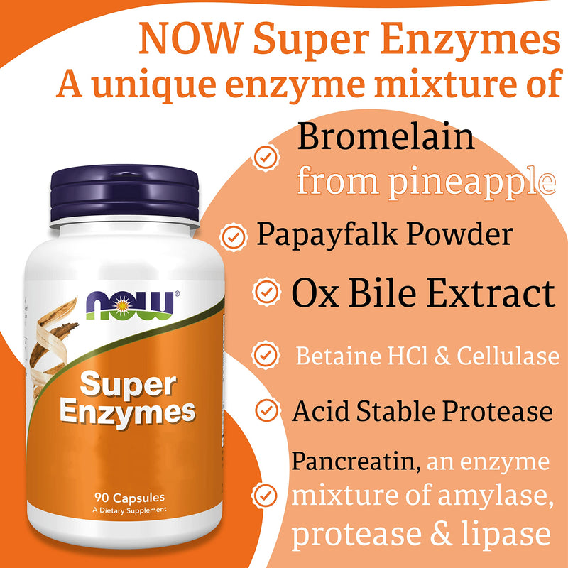Now Foods, Super Enzyme, 90 Capsules, Lab-Tested, Highly Dosed, Gluten Free, SOYA Free, Non-GMO
