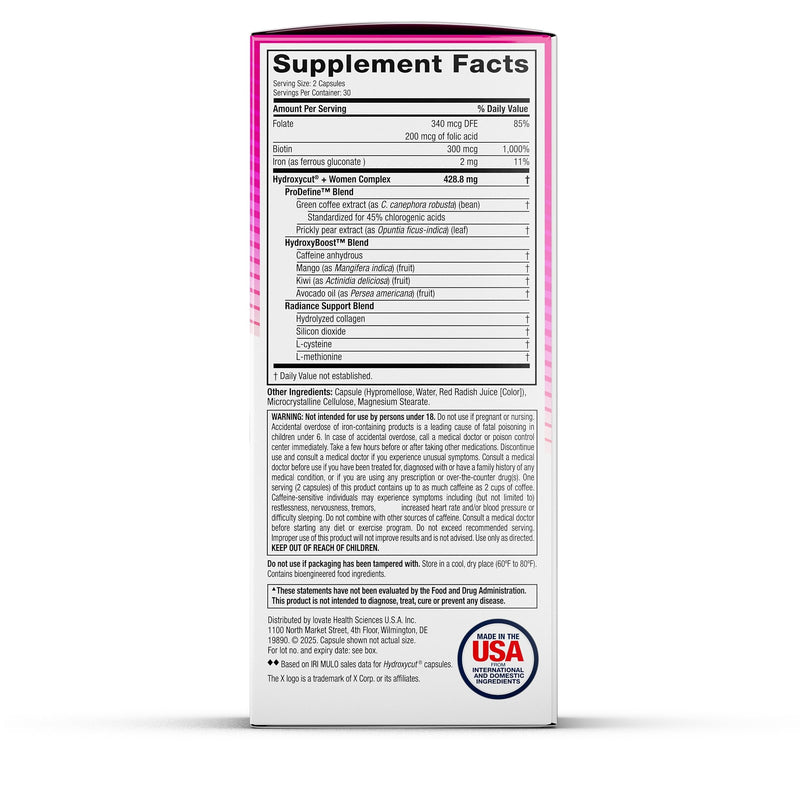 Hydroxycut +Women, Metabolism Support Formula, 60 Capsules | Energy and Metabolism Support Supplement, C. Canephora Robusta, Collagen, Biotin, Iron and Folate, Liquid Capsules