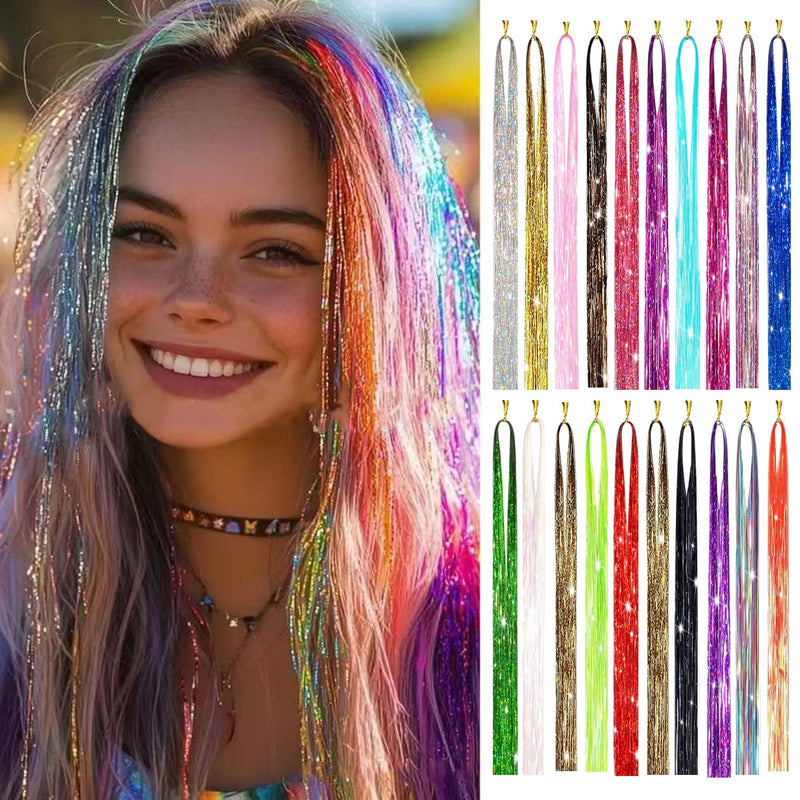 Hair Tinsel Kit (20 Colors, 48 Inch, 7200 Strands) Sparkling Tinsel Hair Extensions with Tools Heat Resistant Shiny Fairy Hair Tinsel Extensions for Women Girls Colorful 20 Colors