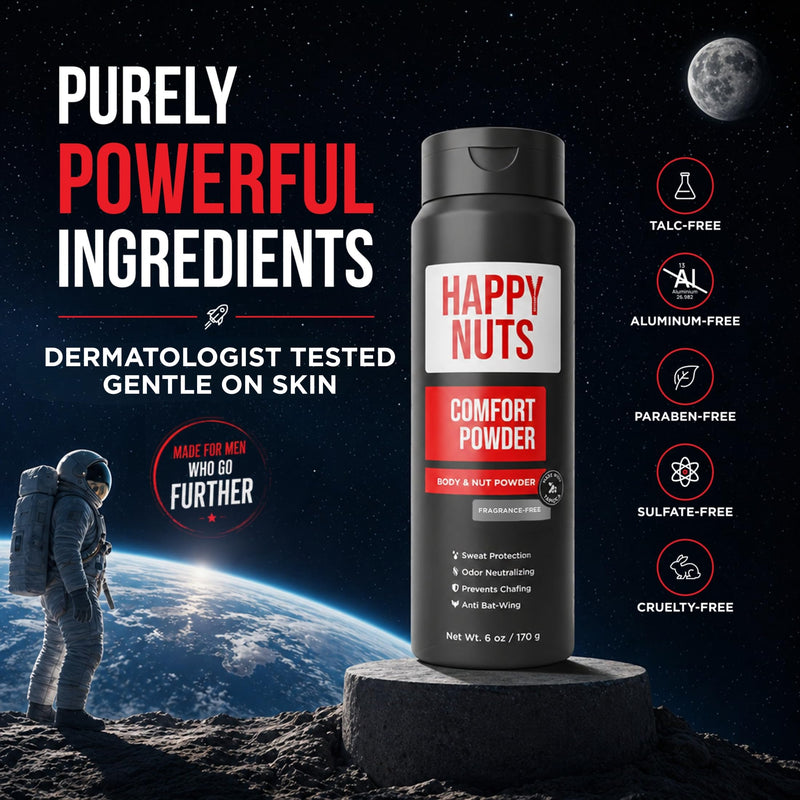 HAPPY NUTS Comfort Powder Deodorant For Men: Anti-Chafing, Sweat and Odor Control for Jock Itch, Aluminum-Free, 6 oz (1 Pack), Fragrance-Free 6 Ounce (Pack of 1)