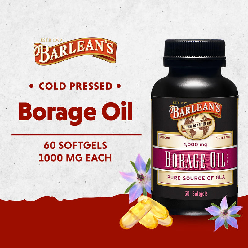 [Australia] - Barlean's Borage Oil Capsules, 1000mg Cold Pressed Pure Borage Seed Oil GLA Supplement, Omega 6 for Healthy Skin Joints and Bones and Brain Function, Non-GMO and PA Safe, 60 Count Borage Oil - 60 Count 