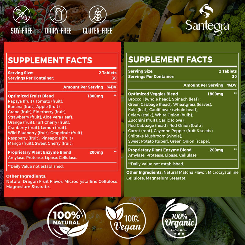 2000 MG Fruit and Veggies Supplement, 35+ Fruits and Vegetables for Daily Variety, 100% Whole Food Superfoods, Natural Vitamins for Women & Men, Sugar-Free, Gluten-Free, Vegan, 240 Tablets 60 Count (Pack of 4)