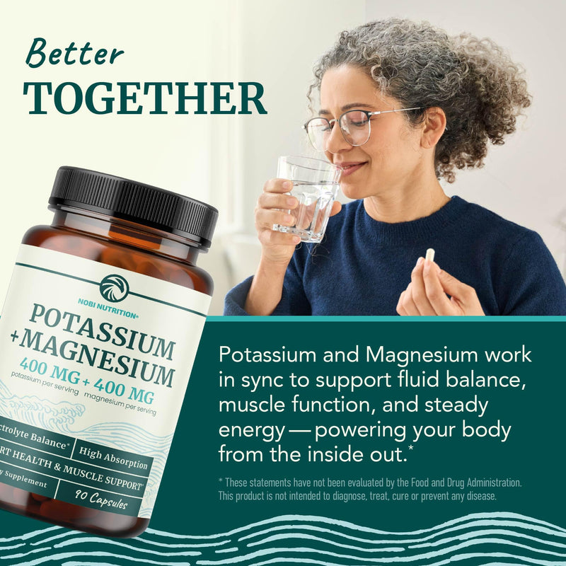 [Australia] - Potassium Magnesium Supplement | High Strength Electrolyte Balance for Heart Health & Muscle Support | 400 MG Potassium + 400 MG Magnesium | Energy, Bone Health, Sleep & Mood Support | 90 Ct. 