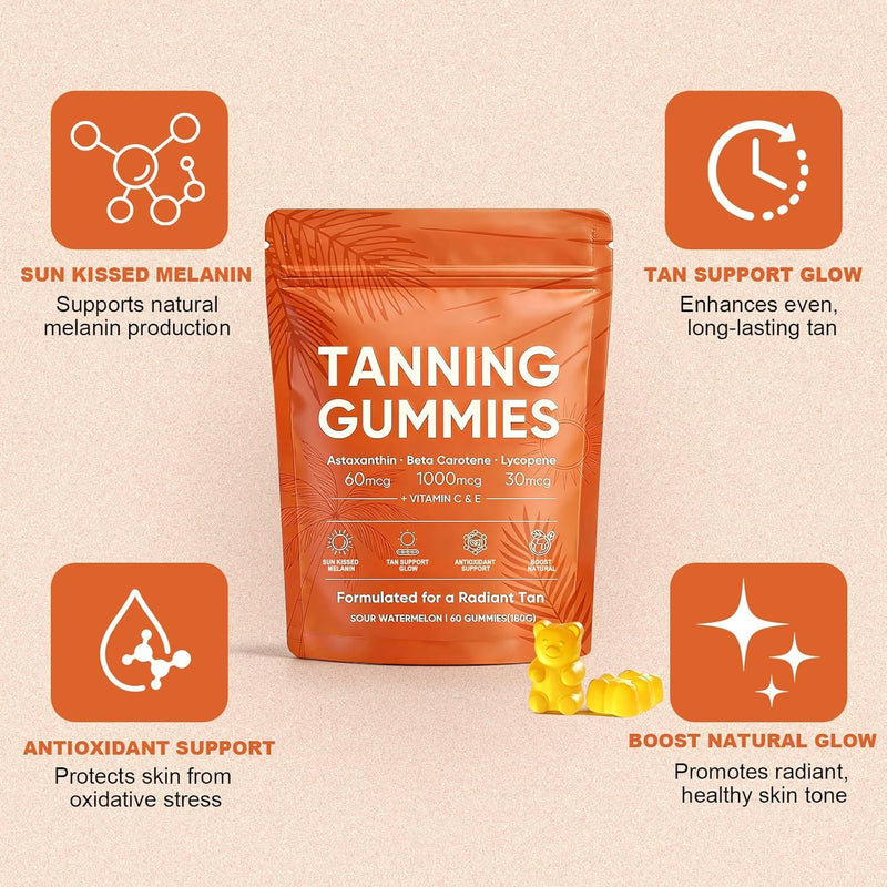 2026 New Skin Tanning Gummies for Women, Astaxanthin, Beta Carotene & Lycopene Blend with Vitamins C & E, Radiant Healthy Skin, Sour Watermelon Flavor, Vegan & Sugar-Free, 60 Count. (1 Pack)