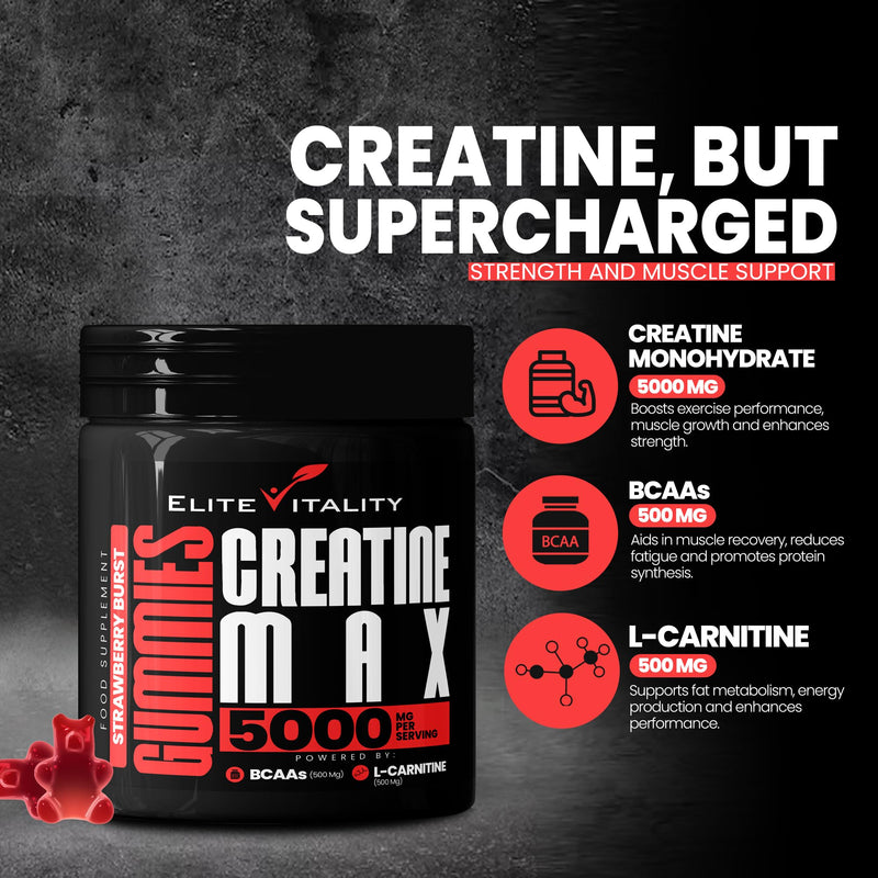 Creatine Monohydrate 90 Gummies 5000mg + BCAAs & L-Carnitine – 3rd Party Lab Tested, Vegan, Sugar-Free, Pre Workout Muscle Growth & Recovery Gym Supplement for Men & Women – Juicy Strawberry Burst