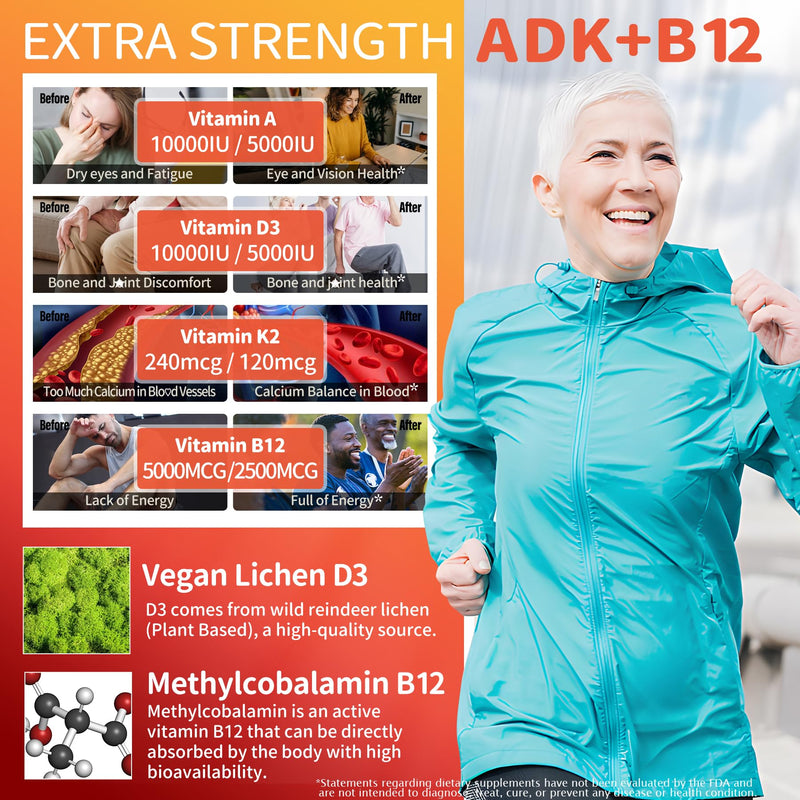 Sugar-Free ADK+Vitamin B12 Gummies - Vitamin D3 K2 10,000IU/ 5000IU, B12 5000mcg 2500mcg, K2 (MK-7) 240mcg, Multivitamin Adults-Vitamin A,Vegan Vitamin D,Methyl B12,C,Zinc-Eye,Bone,Energy,Nerve,Immune 60 Count (Pack of 2)