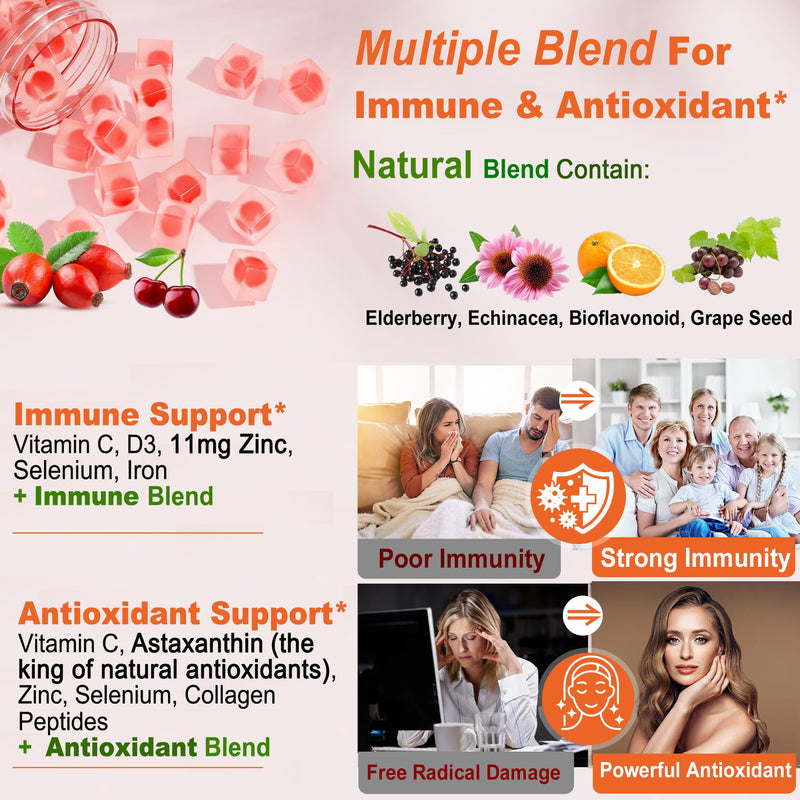 Natural Liposomal Vitamin C 1000mg Gummies for Adults & Kids 9+, Vitamin C w/ 11mg Zinc, D3, Elderberry, Echinacea, Bioflavonoid, Immune Support, Whole Food VIT C from Fruits, Sugar Free, 2 Pack 60 Count (Pack of 2)