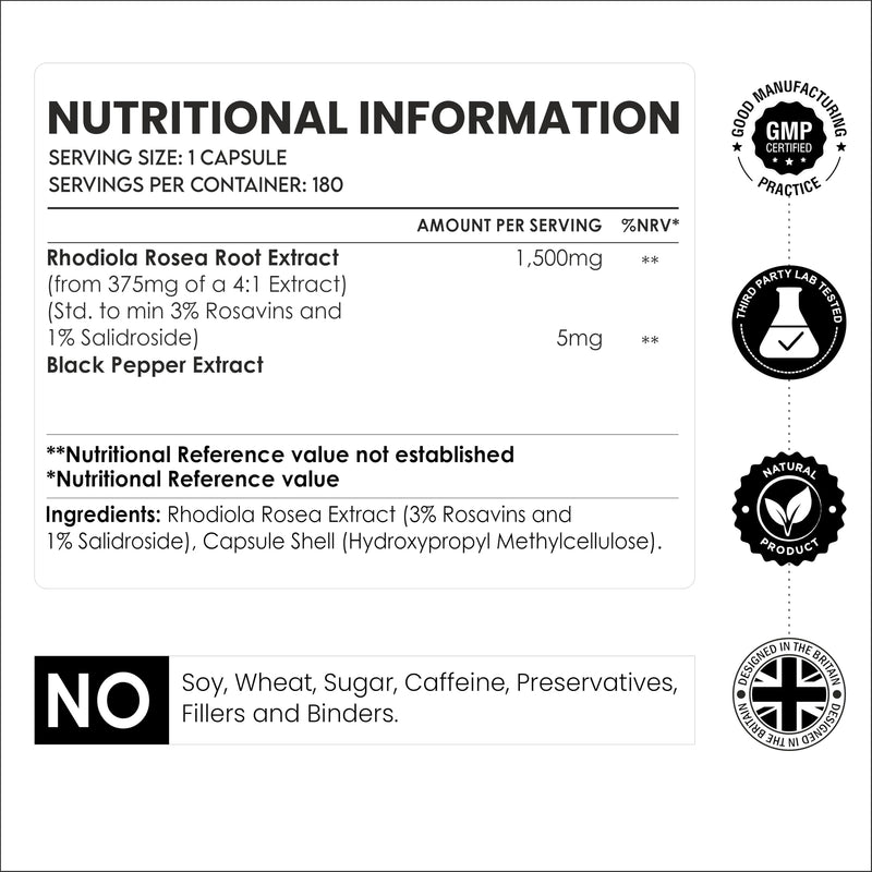 Amalth Rhodiola Rosea Capsules 375mg per Capsule | Standardised 3% Rosavins & 1% Salidroside | with Black Pepper Extract | Botanical Food Supplement | 180 Vegan Capsules
