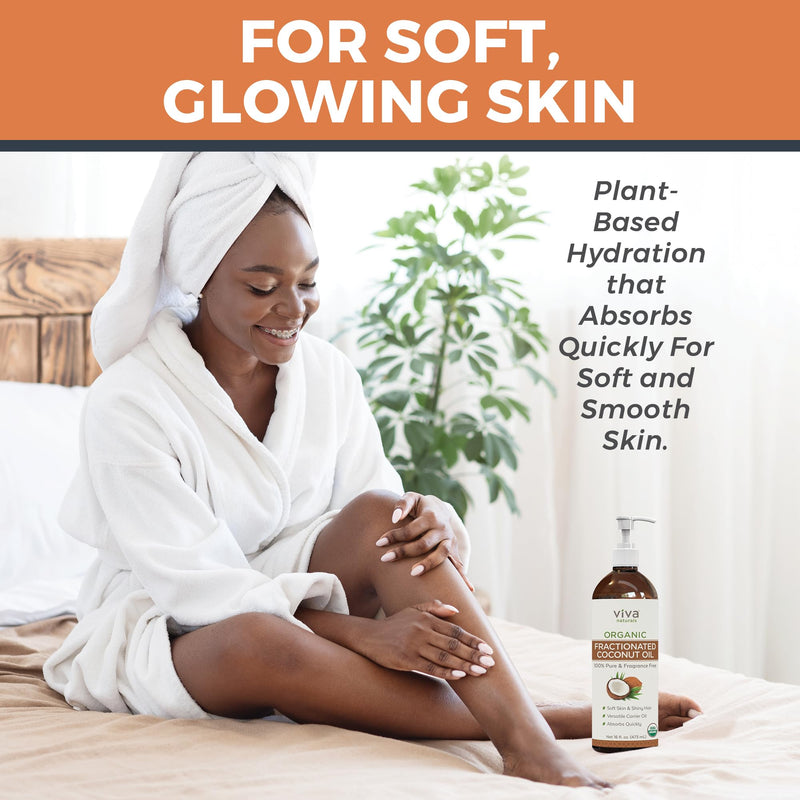 [Australia] - Viva Naturals Organic Fractionated Coconut Oil - Skin & Hair Moisturizer, Relaxing Massage and Body Oil, Carrier Oil for Essential Oils Mixing, Pure Non-Greasy Coconut Oil for Skin and Hair, 16 fl oz 