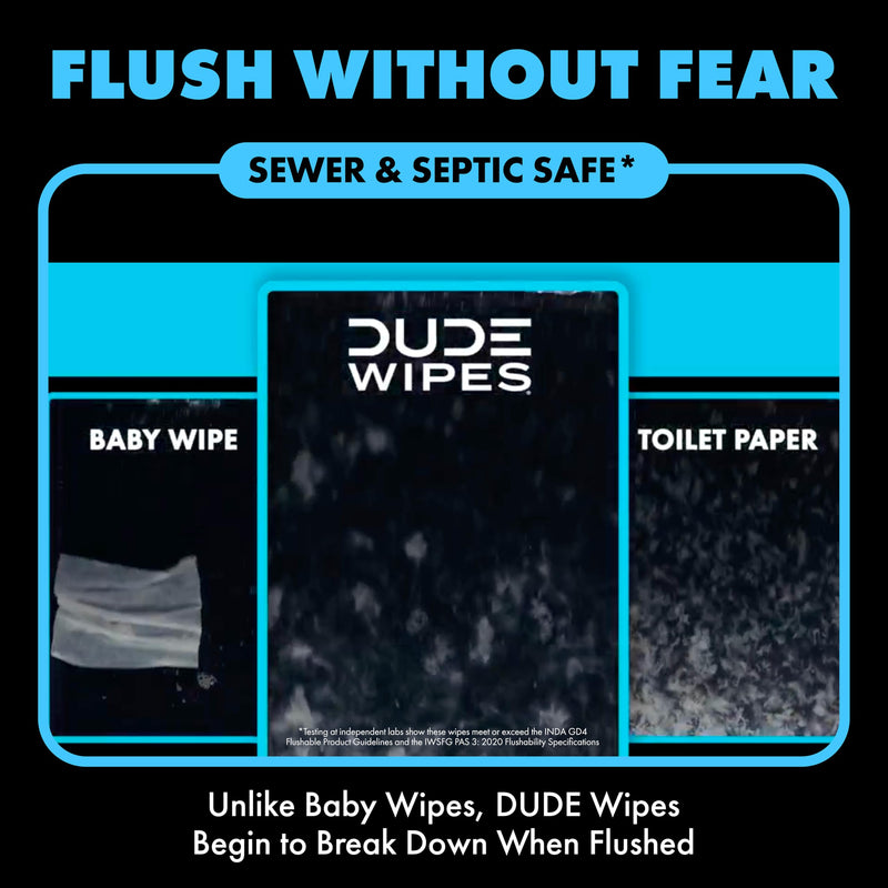 DUDE Wipes On-The-Go Unscented Adult Flushable Travel Wipes, 60 Count | 60 individually wrapped flushable butt wipes. Travel essentials. Hypoallergenic, 99% water, vitamin E and aloe. Septic safe. Fragrance Free 30 Count (Pack of 2)