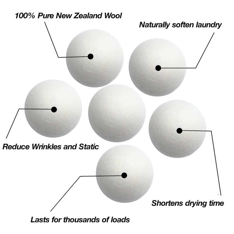 Wool Dryer Balls XL 6-Pack - 100% Pure New Zealand Wool, Ecoigy Natural Fabric Softener, Reduces Wrinkles & Drying Time, Ideal for Essential Oils, Dryer Sheets Alternative,Dryer Balls Laundry Reusable 6 Count (Pack of 1) White XL (Pack of 6)