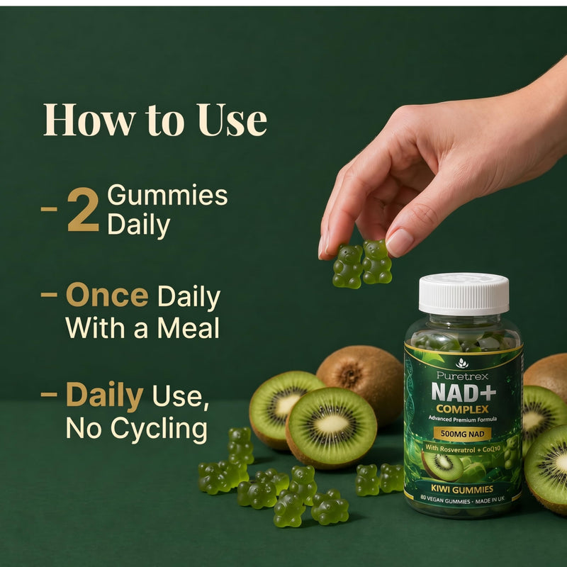 NAD+ Energy Gummies 500mg, NMNH Alternative Complex with Resveratrol, CoQ10, Quercetin, Pterostilbene & Vitamin B Complex, Cellular Energy, Anti Ageing 60 Vegan Kiwi Gummies