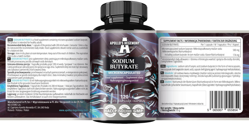 [Australia] - Sodium Butyrate 570 mg (30% butyric acid), 120 vegan capsules, 4 month supply, sodium supplement to support intestinal barrier regeneration and overall intestinal health - Apollo's Hegemony 