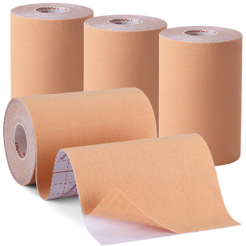 [Australia] - 4 Rolls Kinesiology Tape, 4in x 5.5yd Extra Wide Breathable Muscle Support Adhesive Sport Tape for Knee Pain Relief, Latex Free Cotton Elastic Uncut Strips for Joints, Back, Ankle, Shoulder, Wrist Beige 