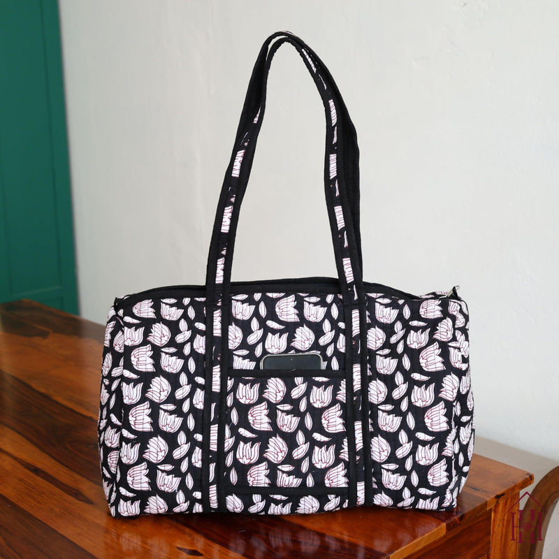 Large Black Cotton Quilted Duffle Bags Block Print Gifts Handmade Colorful Travel Night Travel Gym Yoga Luggage Pocket 18X9X9 inches