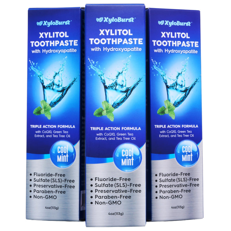 [Australia] - XyloBurst Hydroxyapatite Toothpaste with Xylitol - Fluoride-Free Hydroxyapatite Toothpaste, SLS-Free, Paraben Free, Cruelty Free, Made in The USA, Cool Mint, 4 oz Tube (3 Tubes) 3 Pack 
