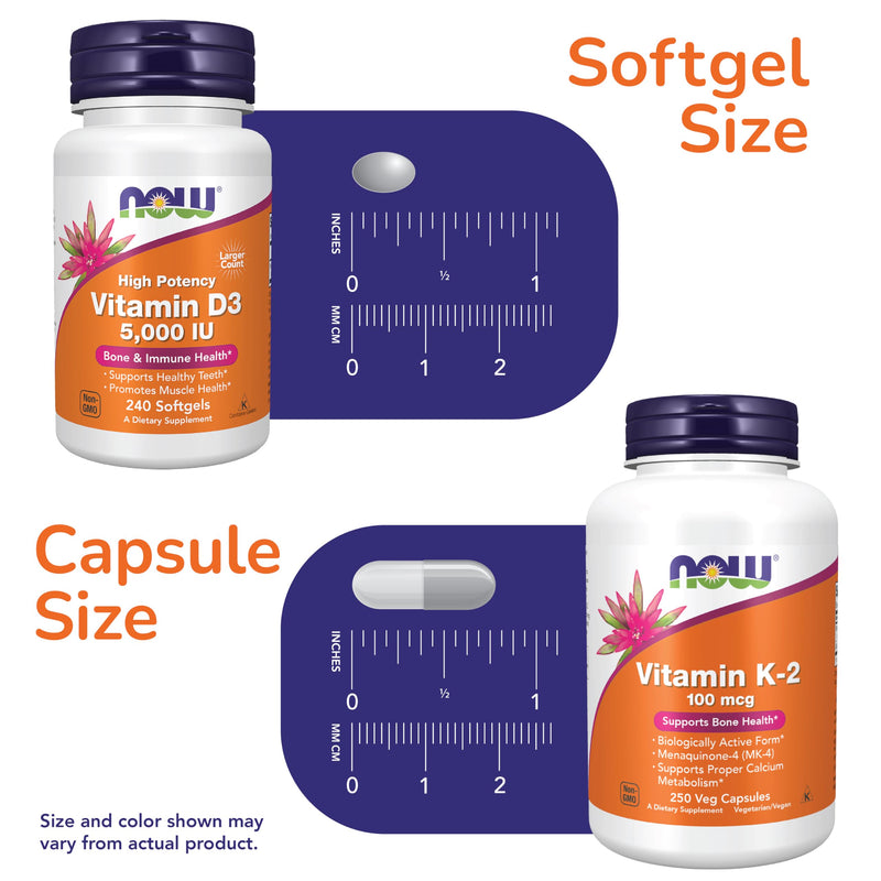 NOW Foods Vitamin D-3 & + VIT K-2 Menaquinone-4 (MK-4) Supplements Bundle | Vitamin D3 5,000 IU 240 Softgels + Vitamin K2 Menaquinone-4 (MK-4), 100 mcg 250 Capsules - High Potency, Structural Support* Vitamin D3 & K-2 490 Count (Pack of 2)