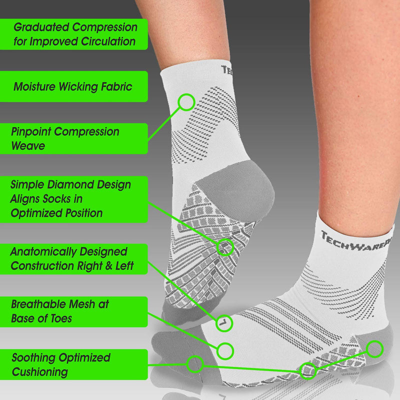 TechWare Pro Plantar Fasciitis Socks – Cushion Ankle Compression Socks Women & Men. Achilles Tendonitis Brace & Arch Support Medium White / Gray