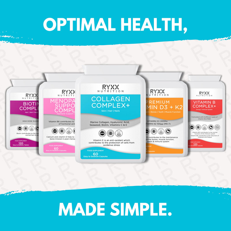 Collagen Complex+ | Marine Collagen Supplement with Hyaluronic Acid, Biotin, Vitamin C & E | Skin, Hair & Joint Support | 60 Capsules | Made in the UK by RYXX