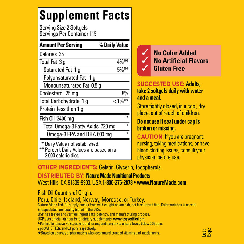 Nature Made Fish Oil Omega 3 Supplements, 1200 mg Softgels, 230 Softgels | Omega 3 Fish Oil for Healthy Heart Support, Gluten Free, Dairy Free, 115 Day Supply 230 Count (Pack of 1)