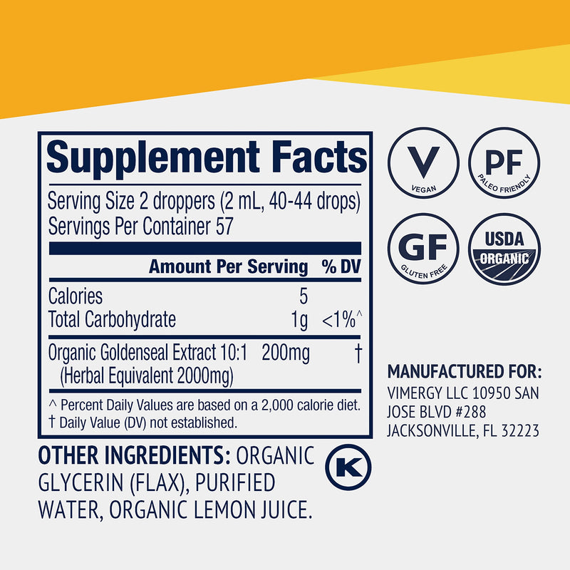 [Australia] - Vimergy USDA Organic Goldenseal Extract, 57 Servings - Alcohol-Free, Gluten-Free, Non-GMO, Kosher, Corn-Free, Soy-Free, Vegan & Paleo Tincture (115 ml) 