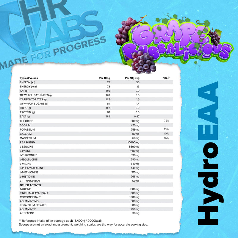 HydroEAA, Complete Hydration & EAA Essential Amino Acid Formula, with Comprehensive Electrolytes Profile, 540g, 30 Servings, 4 Flavours (540g, Grape Bubbalicious)
