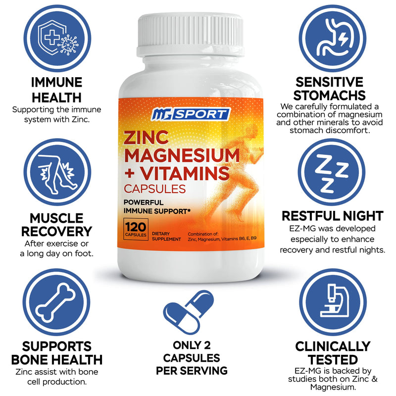 Magnesium Supplement MGSPORT with Zinc,Vitamins B6, B9, D, E - Immune Support, Muscle Recovery, EZ on Stomach - 120 Capsules