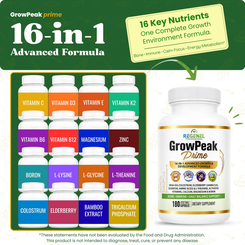GrowPeak Prime 16-in-1 Kids & Teens Growing Years Formula | Bone & immune support, calcium, D3, K2, magnesium, zinc, bovine colostrum, elderberry, non-GMO, made in USA, 60-day supply