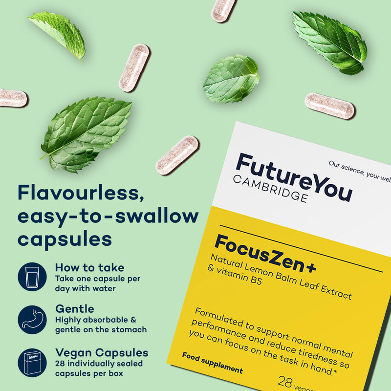 FocusZen+ Lemon Balm Capsules – 28 Focus Supplements with Vitamins for Tiredness and Fatigue – 300mg Natural Energy Supplements – Say Goodbye to Brain Fog with FutureYou Cambridge