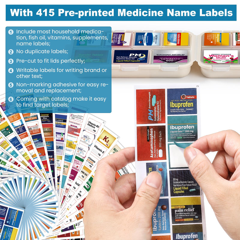 14 Grids Travel Pill Organizer Box with 415-Pcs Medicine Name Labels - Pocket Daily Pharmacy Case Container Kit - Travel Medication Holder Dispenser for Fish Oil Vitamin Supplement Storage - Khaki with Bulk Med Labels