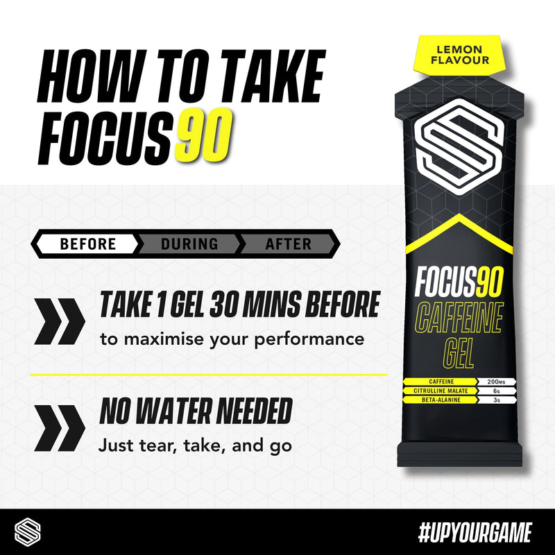 Soccer Supplement Focus90 Caffeine Energy Gels (12 Pack) with 200mg Caffeine, Quick Release Pre Workout Gel with Beta Alanine, Lemon & Lime Flavour
