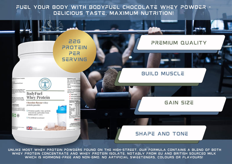 BodyFuel Whey Protein Isolate & Concentrate Chocolate Flavour – NO Artificial Sweeteners - NO GMOs -Vegetarian, 600g powder