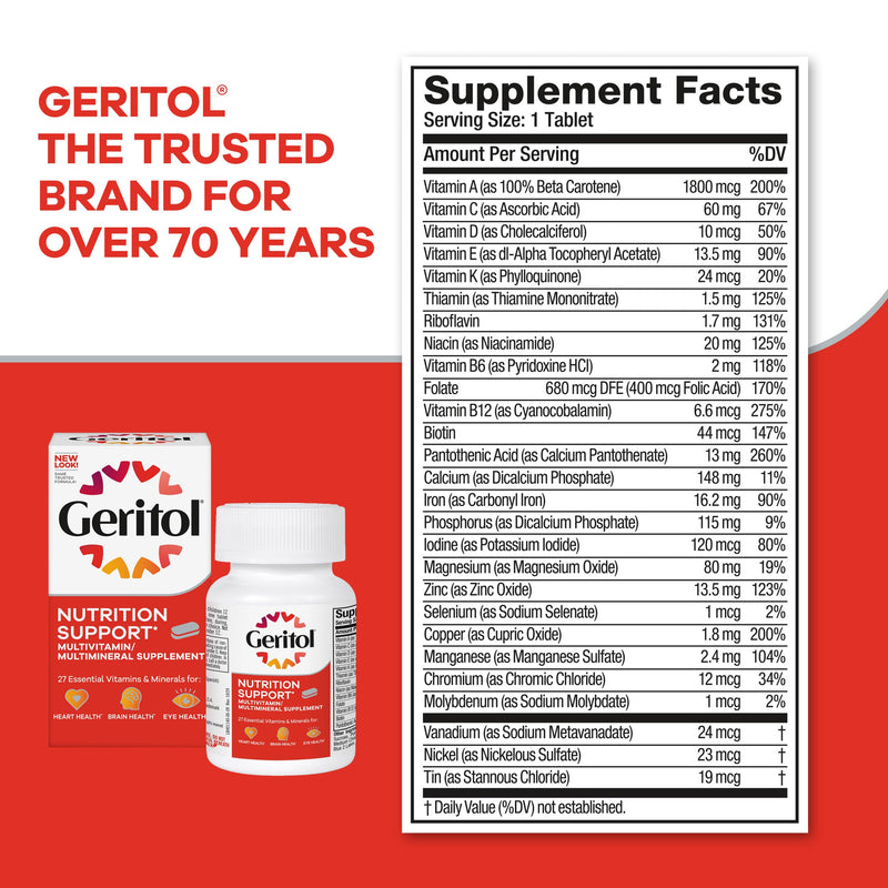 Geritol Multivitamin Supplement, 27 Essential Vitamins & Minerals, 40 Tabs | Daily support for adults, multivitamin tablets with 27 essential vitamins and minerals, gluten-free, non-GMO 40 Count (Pack of 1)