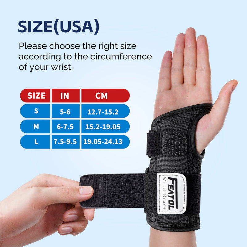 FEATOL 2 Pack Carpal Tunnel Wrist Brace For Work With Wrist Splint, 6.5'' Hand Brace Night Support For Women Men, Pain Relief For Tendonitis, Arthritis, Pregnancy, Typing, Right and Left Hand, Large 2 Pack (R and L)-Black.