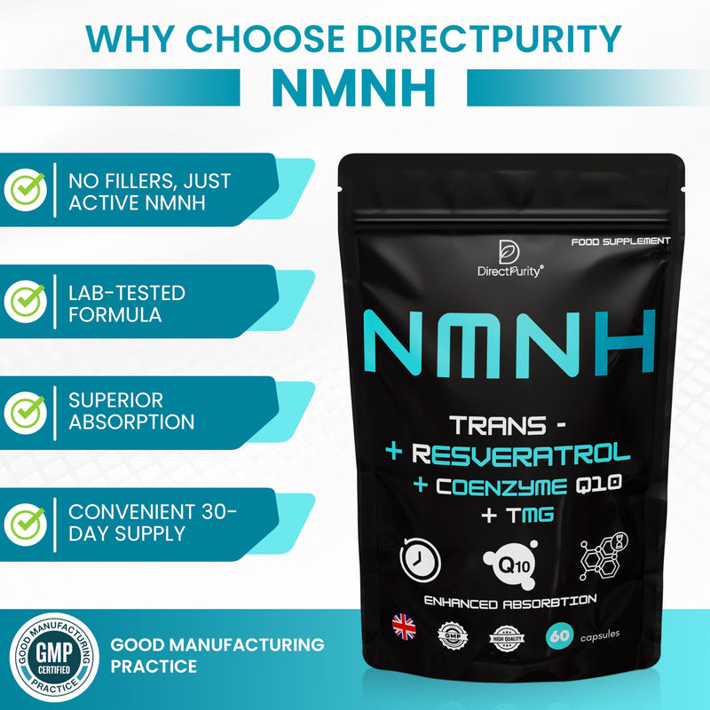 NMNH Supplement 600 mg, with Trans Resveratrol, CoQ10 and TMG, NMNH and resveratrol Supplements Support Cellular Health and Healthy Aging. Boost Vitality and Combat Aging. 1