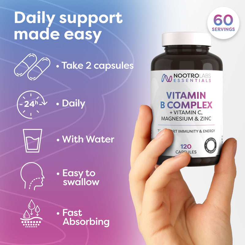 Nootro Essentials Vitamin B Complex with Vitamin C, Magnesium and Zinc, High Strength Vitamin B Supplement for Energy Metabolism and Immune Support, (60 Servings, 2 Month Supply)
