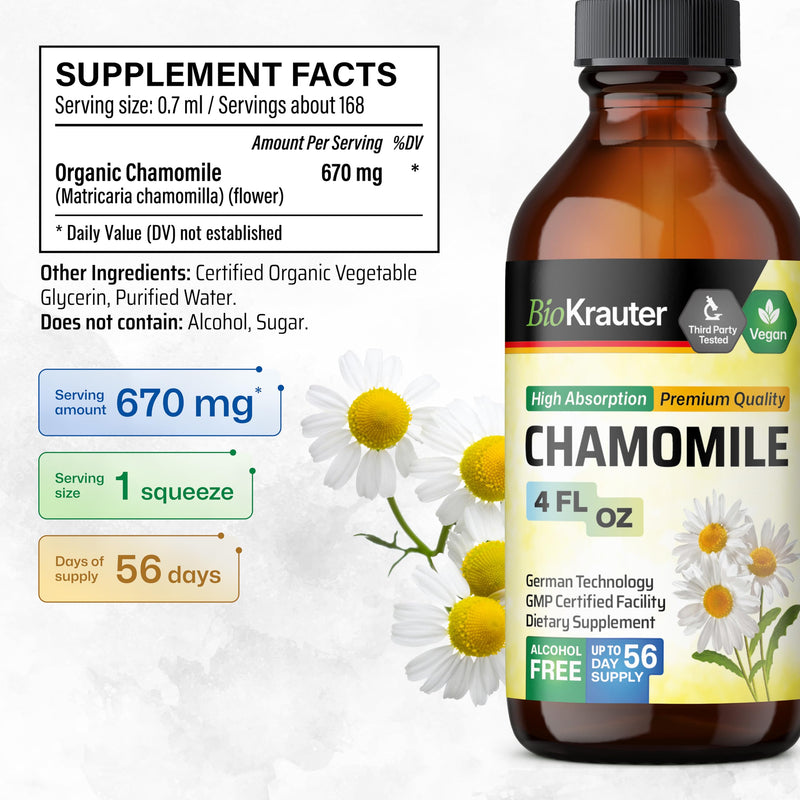 [Australia] - Chamomile Tincture - Organic Chamomile Extract - Contains Apigenin - Supplement for Sleep and Calmness Support - Alcohol and Sugar Free - Vegan Drops 4 Fl.Oz. 4 Fl Oz (Pack of 1) 