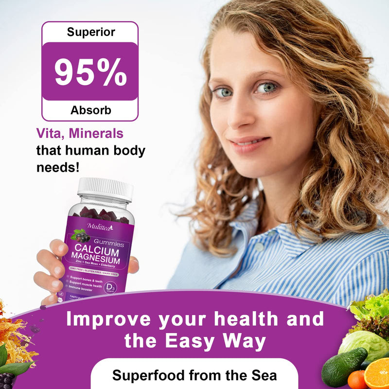 [Australia] - Calcium Magnesium Zinc Gummies with High Absorption Magnesium Glycinate 200mg, Potassium -Plant Calcium Supplement w/ D3 & Sea Moss for Bone, Muscles, Calm Mood & Sleep Support*-Kids & adults (2 Pack) 60 Count (Pack of 2) 