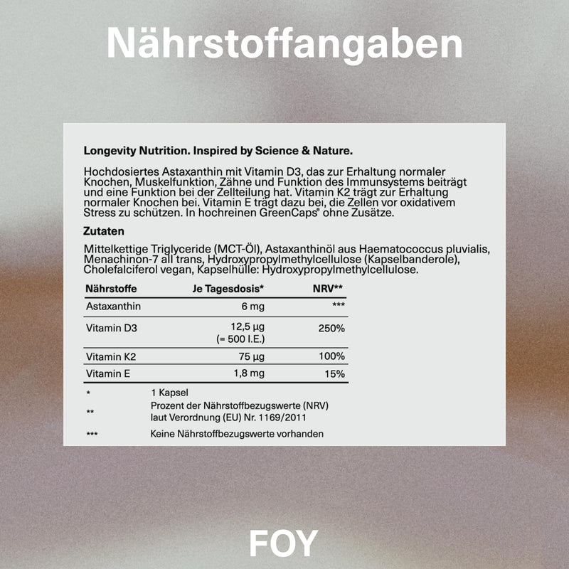 [Australia] - FOY® Vitality Astaxanthin vegan + Vitamin D3 + K2 + E (antioxidant) + MCT oil for high bioavailability - 60 high-dose premium capsules, laboratory tested 