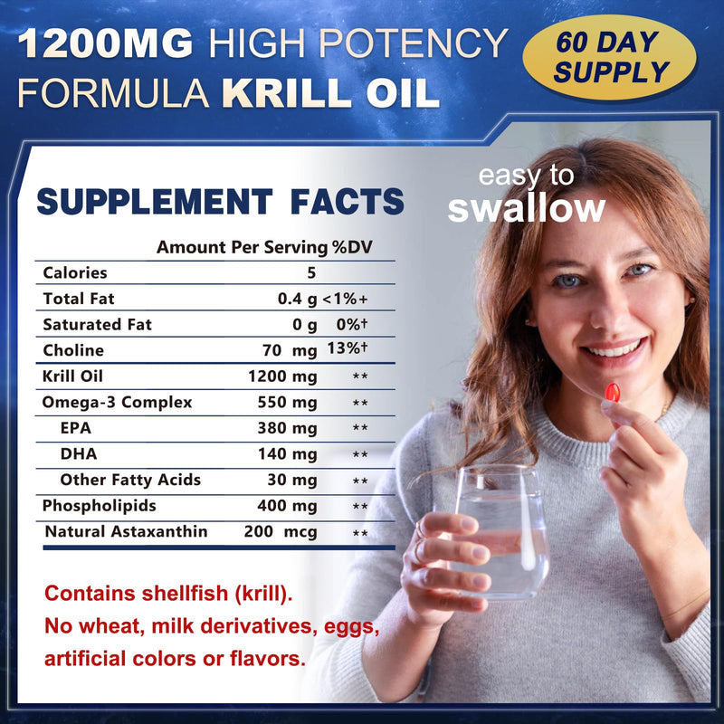 [Australia] - Krill Oil 1200 mg Omega 3 Supplement, Krill Oil Omega 3 with High Absorption EPA, DHA, Astaxanthin & Phospholipids, Supports Heart & Joint Health, No Fishy Aftertaste - 120 Softgels (60 Servings) 120 Count (Pack of 1) 