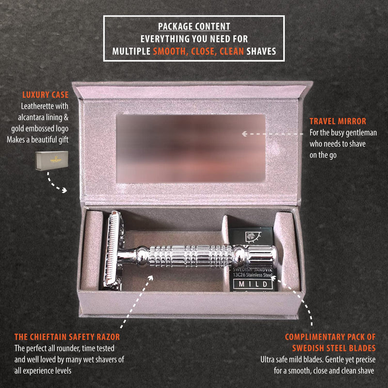 VIKINGS BLADE Double Edge Safety Razor for Men + 5 Swedish Steel Blades + Luxury Case. Smooth, Reusable, Eco-Friendly (The Chieftain) Chromium Silver