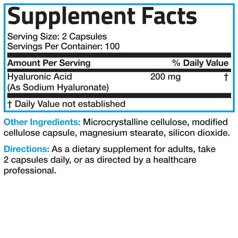 [Australia] - Bronson Hyaluronic Acid 200 MG High Potency Joint Health & Healthy Skin Support, Non-GMO, 200 Vegetarian Capsules 200 Count (Pack of 1) 