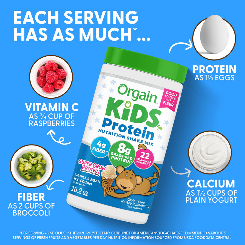 Orgain Kids 8g Grass-Fed Dairy Protein Powder, Vanilla Bean Ice Cream, 1lb | Powder shake mix, 4g fiber, 22 vitamins & minerals, gluten free, no soy, adds nutritents to snacks, for shakes & smoothies 15.9 Ounce (Pack of 1)