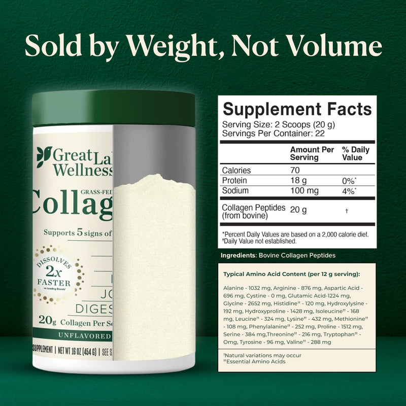 Great Lakes Wellness Collagen Peptides Powder – Supports Skin, Hair, Nails, Joints & Digestion – Hydrolyzed, Non-GMO, Keto & Kosher – Pure Collagen Protein (16 oz, 22 Servings) Packaging may vary Unflavored 22 Servings (16 Ounce, Pack of 1)